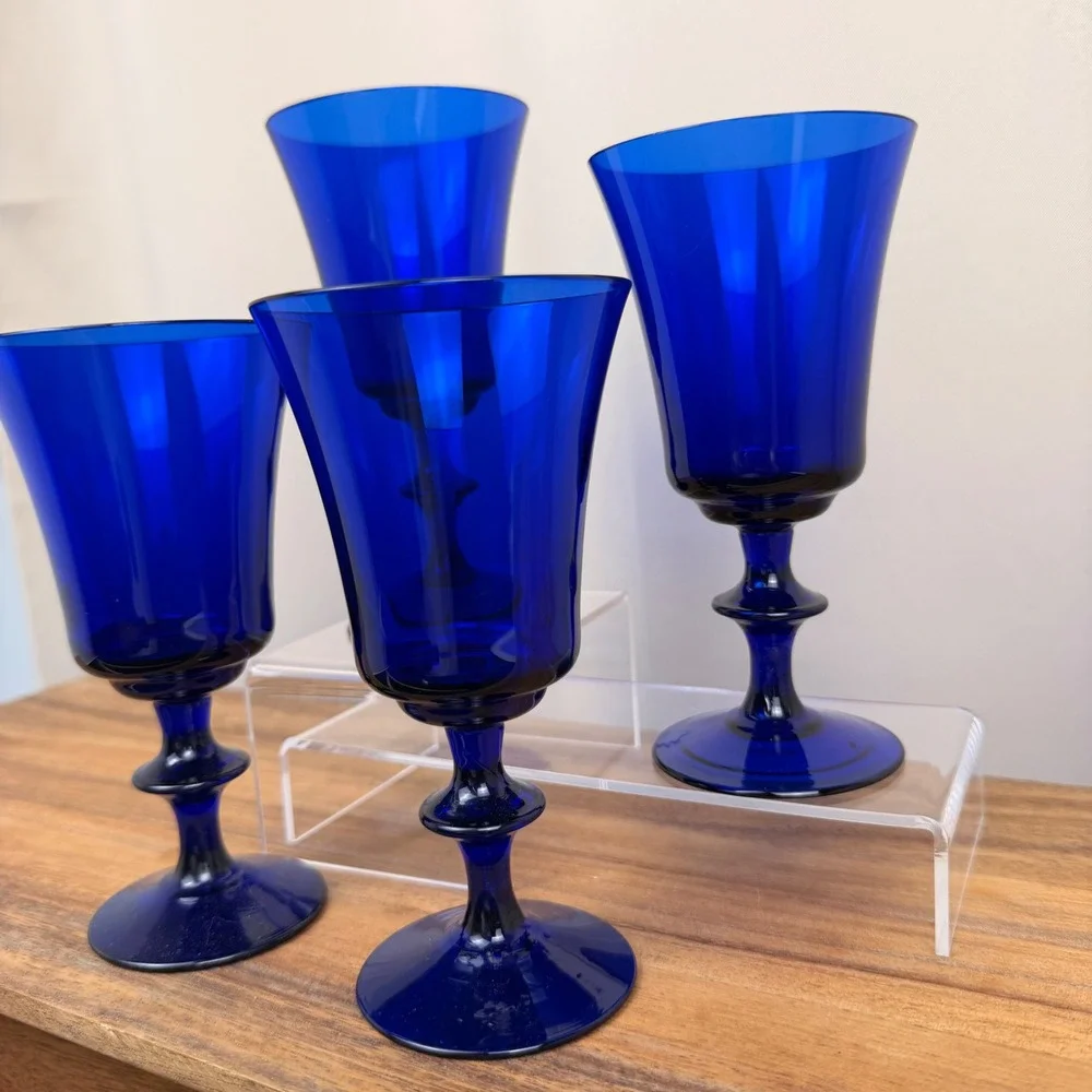 Royal Crystal Poland Cobalt Blue Wine Goblets RPL2 Flared Stemware Set of 4